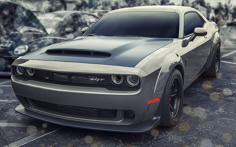 Dodge Challenger SRT Demon, 2018, exterior, front view, tuning, new gray Challenger, American sports cars, Dodge, HD wallpaper