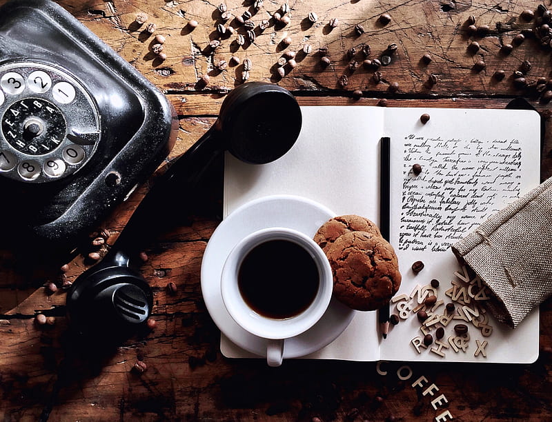 cup, coffee, cookies, notebook, HD wallpaper