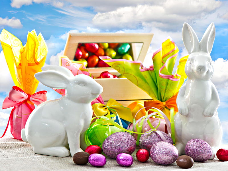 Easter, pretty, colorful, chocolate, box, bonito, bow, clouds, sweet, still life, egg, graphy, rabbits, beauty, mirror, reflection, spring time, rabbit, lovely, easter eggs, ribbon, colors, spring, sky, gift, eggs, nature, bunny, happy easter, bunnies, gifts, HD wallpaper