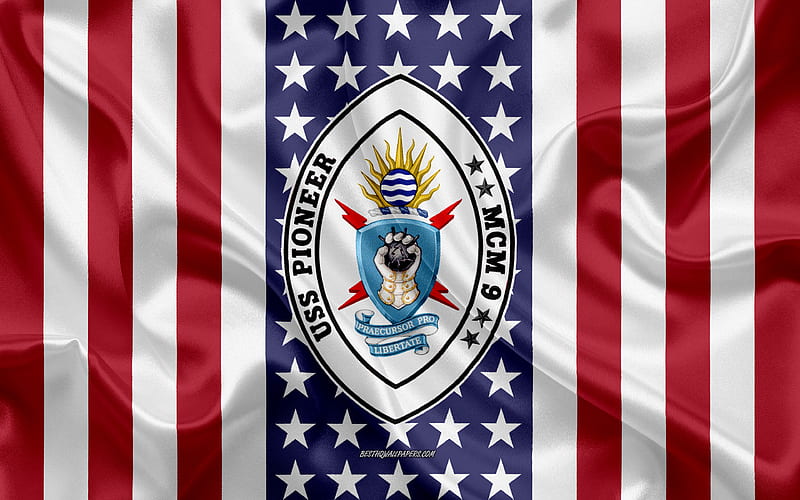 USS Pioneer Emblem, MCM-9, American Flag, US Navy, USA, USS Pioneer Badge, US warship, Emblem of the USS Pioneer, HD wallpaper