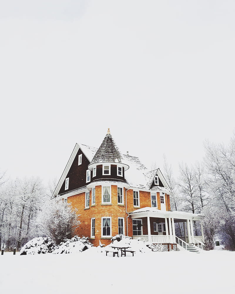 orange and gray concrete house surround by snow, HD phone wallpaper