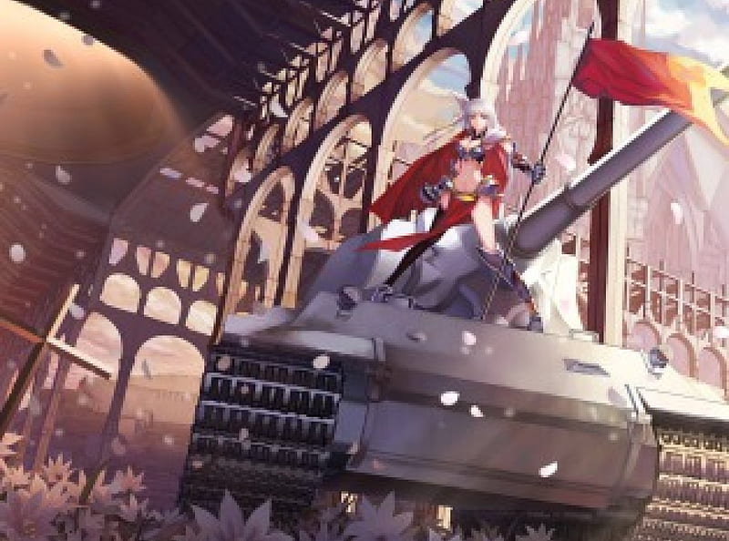 Anime, armor, red, tank, orignal, flag, HD wallpaper