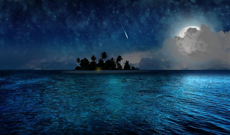 ISLAND NIGHT, BLUE, CLOUDS, STARS, SKY, NIGHT, ISLAND, MOON, WAVES, OCEAN, HD wallpaper