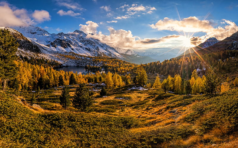 Switzerland mountains, autumn, Valdidentro, sunset, Alps, beautiful nature, Europe, Swiss Alps, HD wallpaper