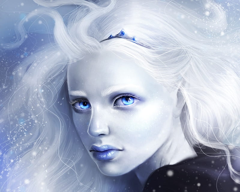 Night Queen, art, luminos, winter, fantasy, snow, sandramalie, face, portrait, white, blue, HD wallpaper