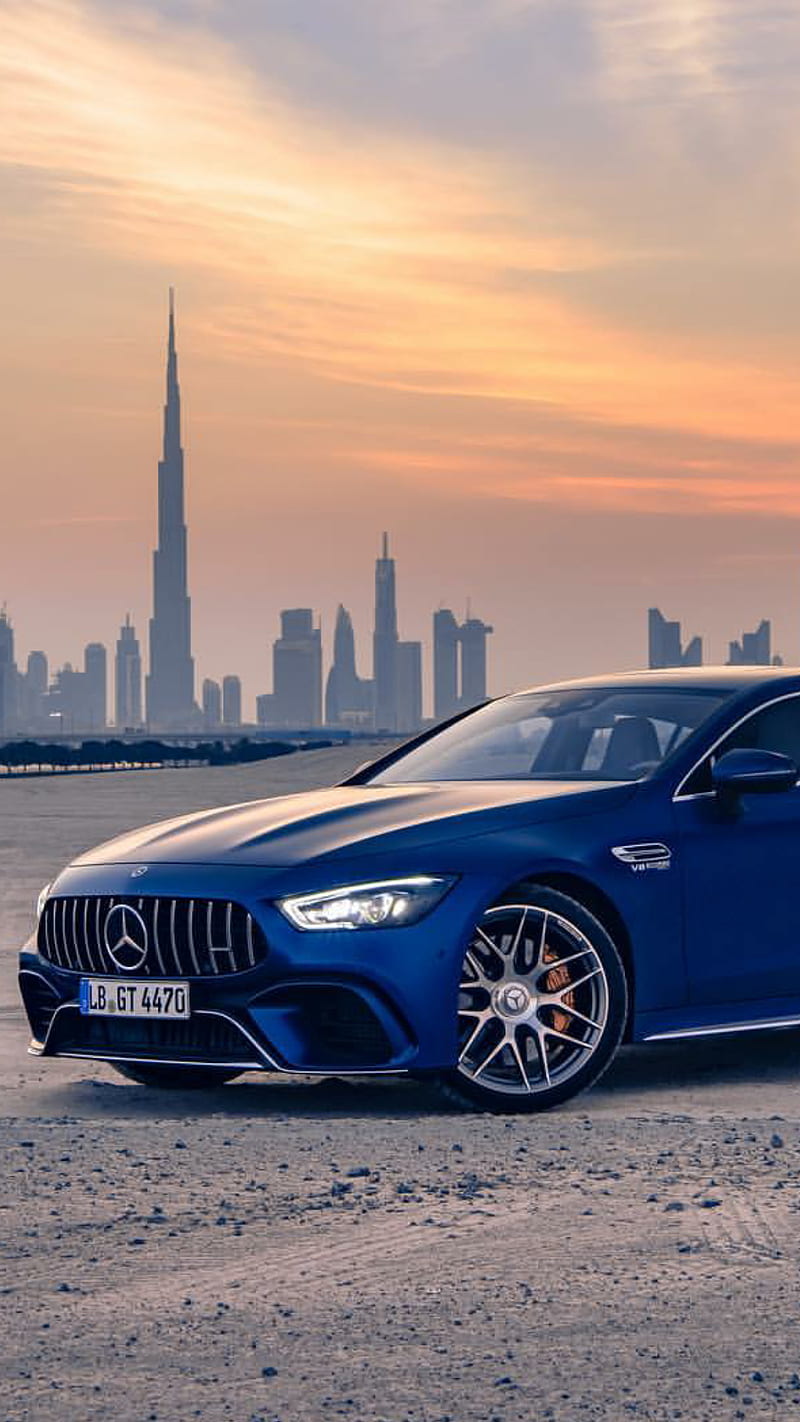 New Mercedes, amg, blue, car, sunset sports, dubai, supercar, HD phone wallpaper