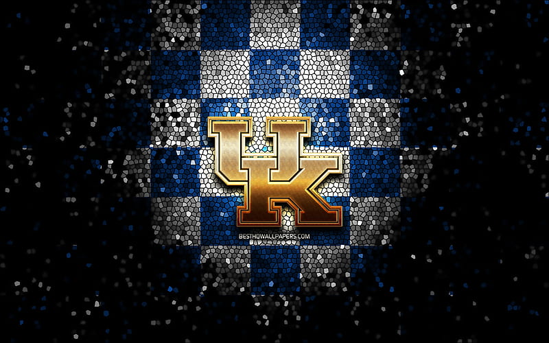 Kentucky Wildcats, glitter logo, NCAA, blue white checkered background, USA, american football team, Kentucky Wildcats logo, mosaic art, american football, America, HD wallpaper