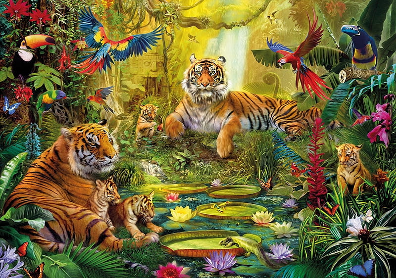 Tigers, family, art, luminos, pasare, tiger, parrot, animal, fantasy, bird,  painting, HD wallpaper | Peakpx