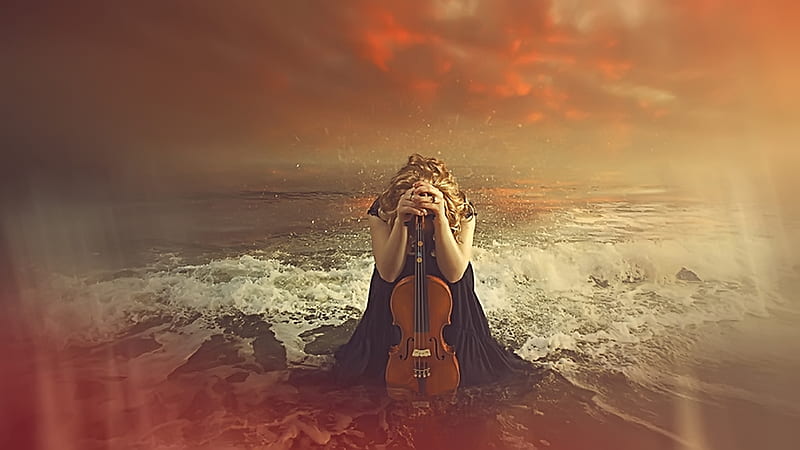 Heartache, violin, model, background, ocean, HD wallpaper