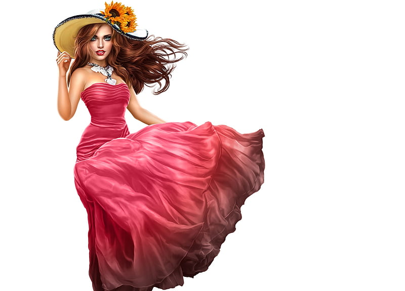 Girl, vara, fantasy, wind, summer, pink, alex prihodko, hat, HD ...