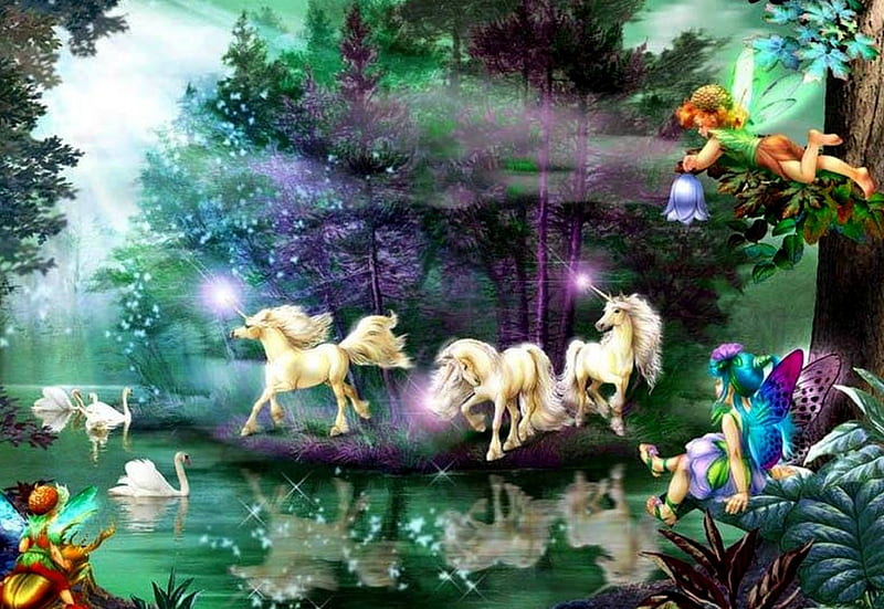 UNICORNS and FAIRES, forest, art, bonito, unicorns, faires, fantasy, paintings, wild, refelction, mystic forest, HD wallpaper