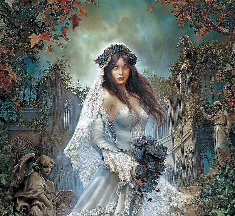 Bride In Graveyard, fantasy, angel, bride, graveyard, castle, HD wallpaper