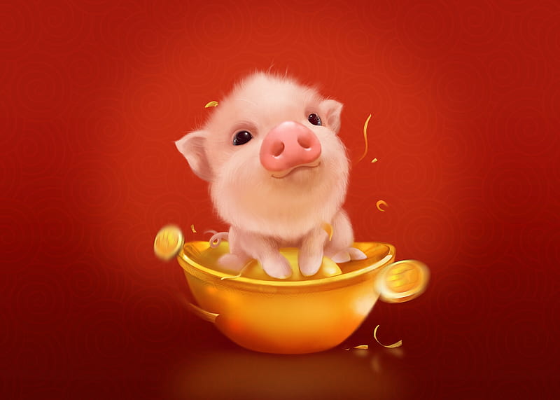 Lucky pig, piglet, zhang junjie, lucky, pink, red, pig, golden, zodiac, yelow, fantasy, year of the boar, chinese, HD wallpaper