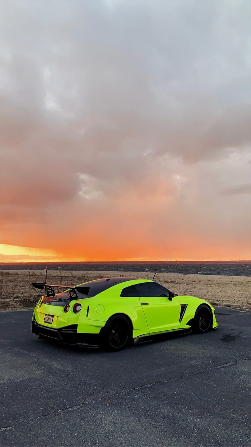 GTR sunset , nissan, gtr, green, car, supercar sports, america, sunset, carbon, HD phone wallpaper