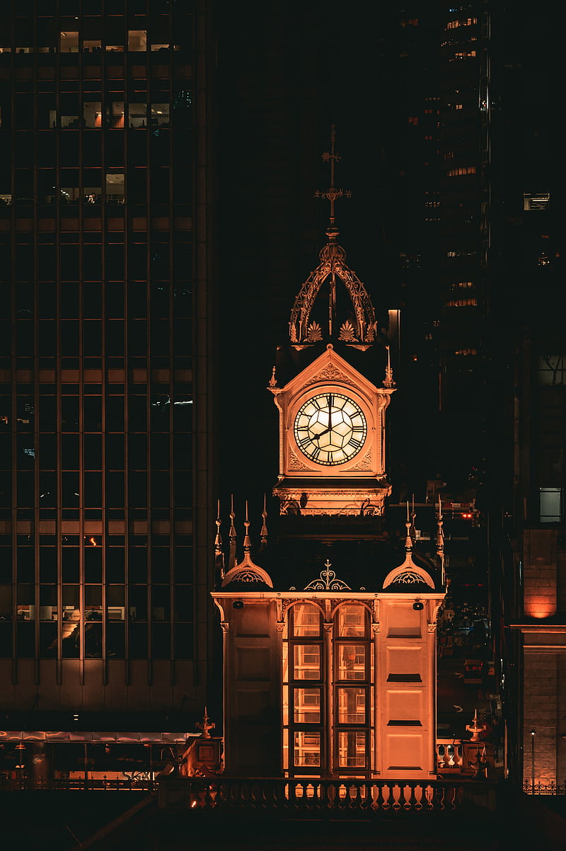 tower, clock, night, backlight, darkness, HD phone wallpaper