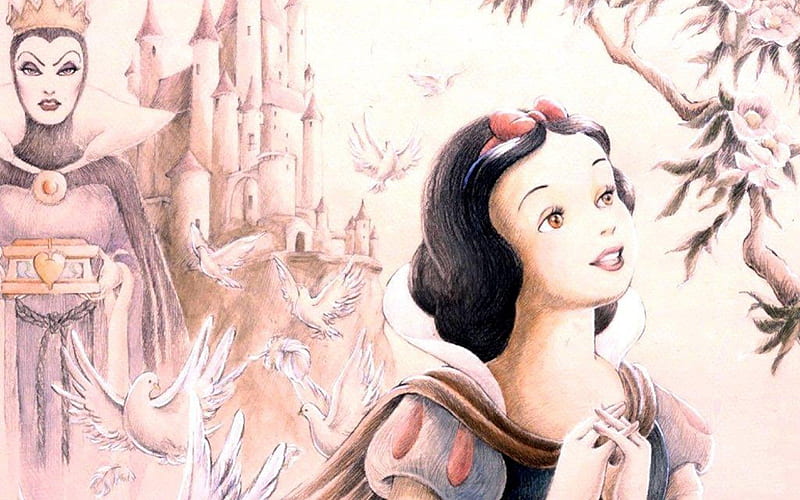 Snow White: The Fairest of Them All, Disney, movie, evil queen, snow white, birds, stepmother, classic, castle, princess, HD wallpaper