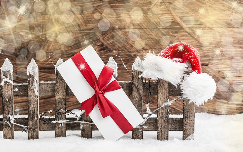 Christmas Gift, sleigh, parcel, snow, hat, fence, HD wallpaper