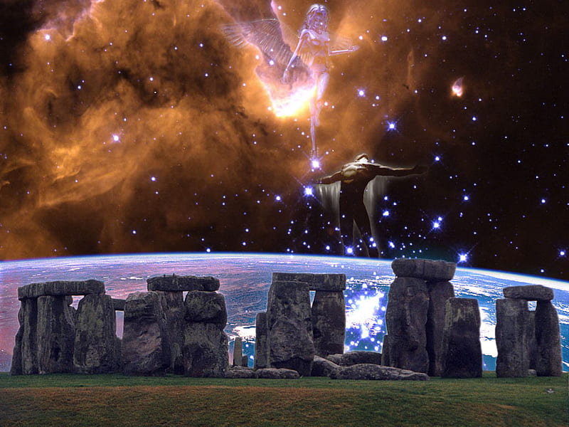 stonehenge, stars, stones, planet, angel, man, gas cloud, HD wallpaper