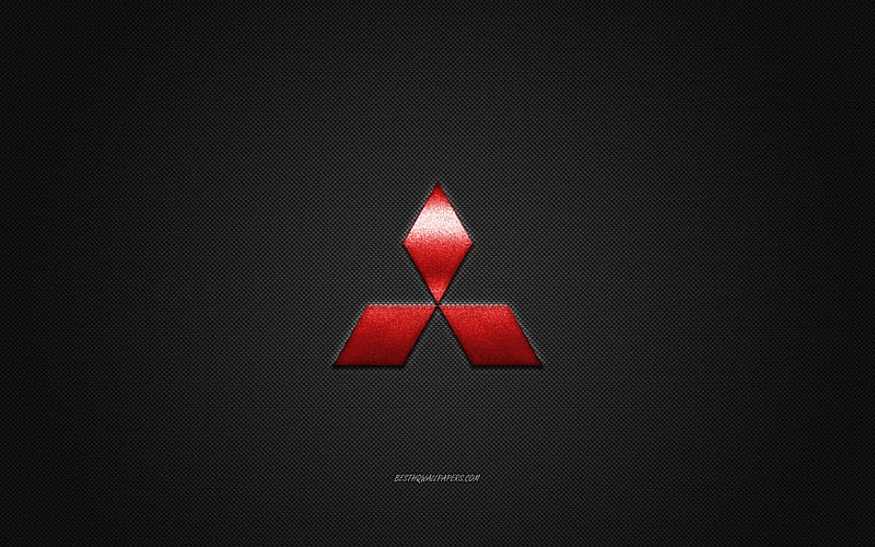 Mitsubishi logo, red logo, gray carbon fiber background, Mitsubishi metal emblem, Mitsubishi, cars brands, creative art, HD wallpaper