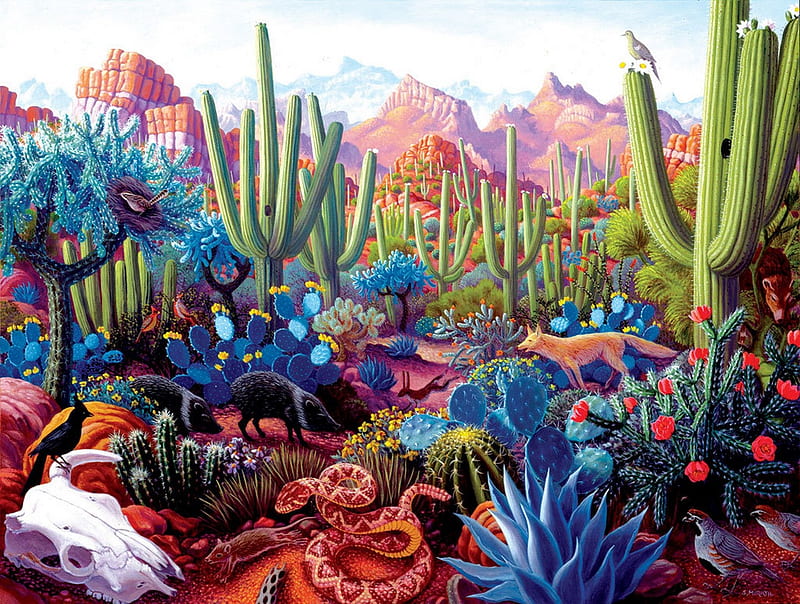 Desert Blooms, flowers, desert, cactus, animals, HD wallpaper