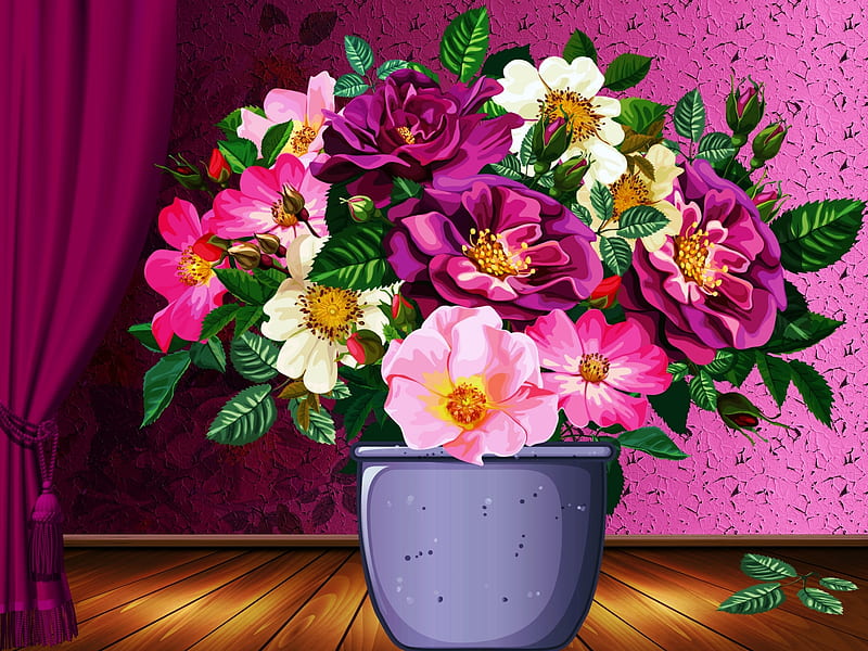 Pot Of Flowers, Stage, Flowers, Curtain, Colorful, HD wallpaper Pot Of Flowers, Stage, Flowers, Curtain, Colorful, HD wallpaper