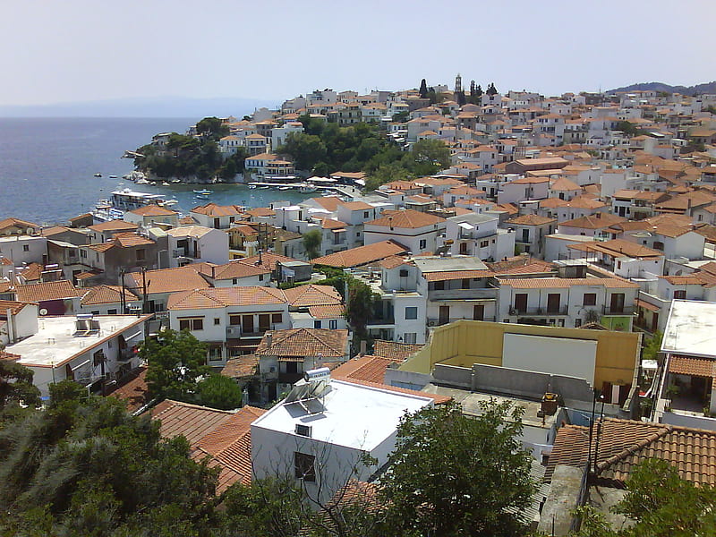 Skiathos, greece, town, island, harbor, sea, HD wallpaper