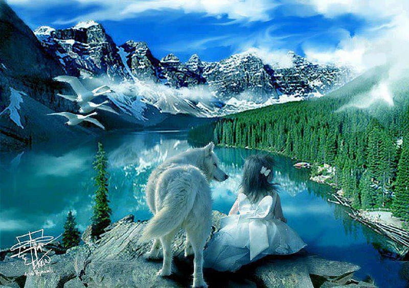 Faithful Companionship, angel, mountains, white wolf, misty, companions, HD wallpaper