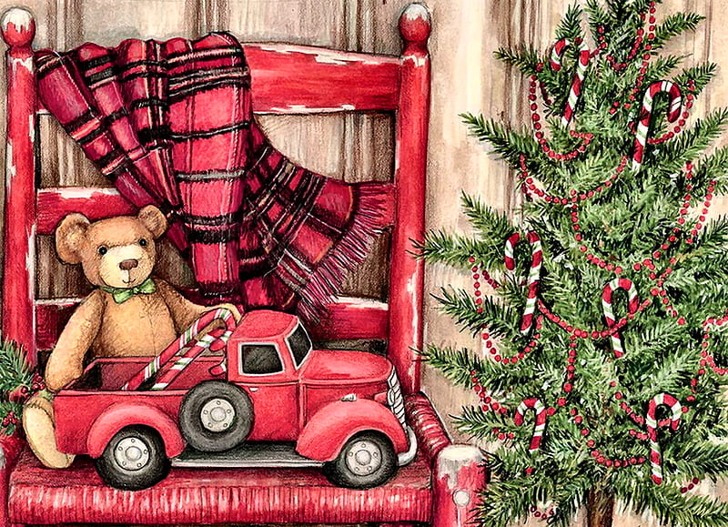 Teddybear and Truck in Chair F, Christmas, art, holiday, December, bonito, illustration, artwork, winter, teddybear, snow, painting, wide screen, occasion, chair, truck, scenery, HD wallpaper
