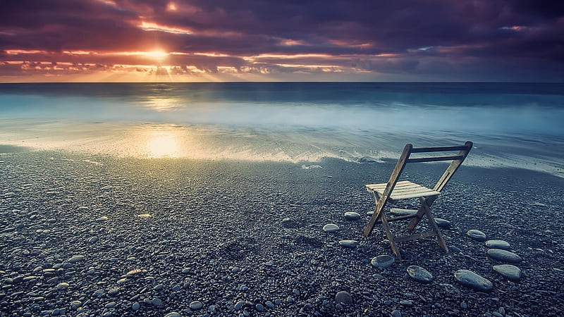 folding chair on a beach at sunset, beach, stones, chairs, sunset, sea, HD wallpaper