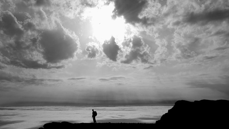sunbeams at the end of the road, shore, black and white, sunbeams, clouds, hiker, sea, HD wallpaper
