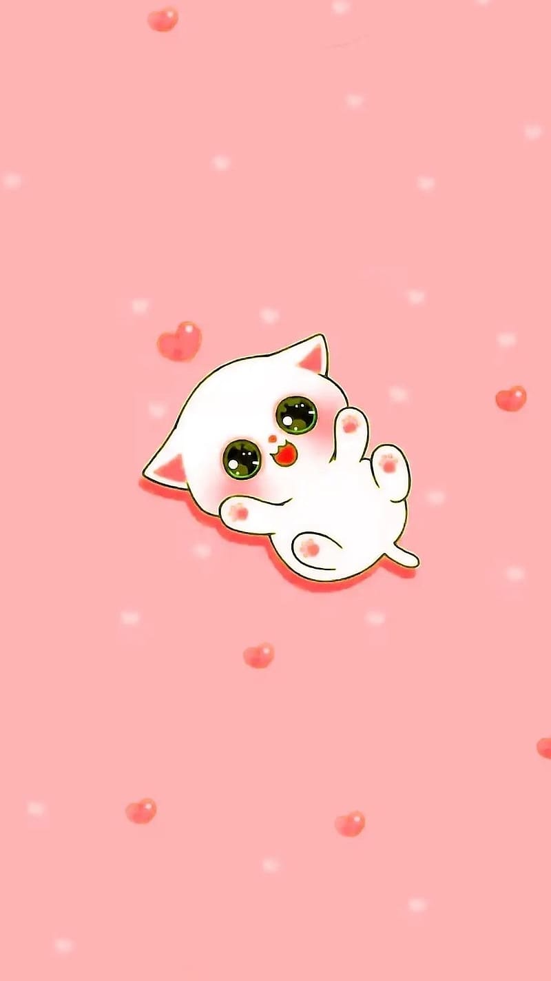 Cute Cartoon Cat, red heart, cat, animal, HD phone wallpaper | Peakpx