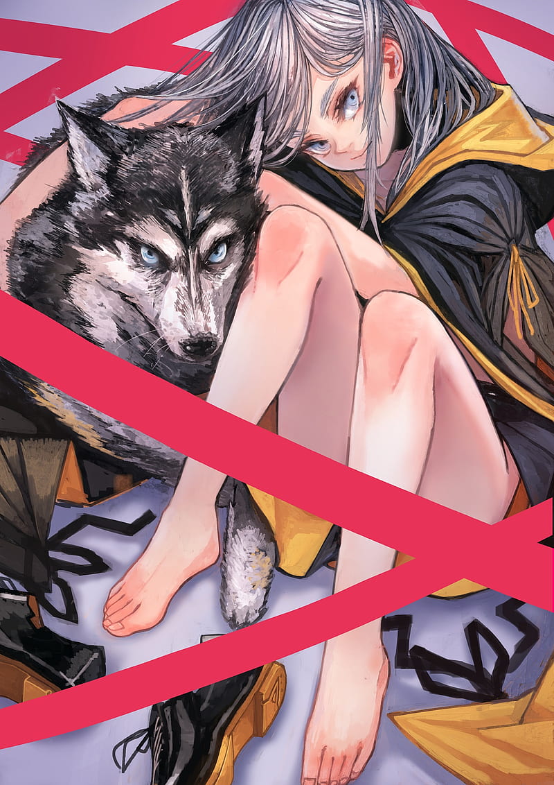 anime girls, anime, legs, barefoot, animals, wolf, HD phone wallpaper
