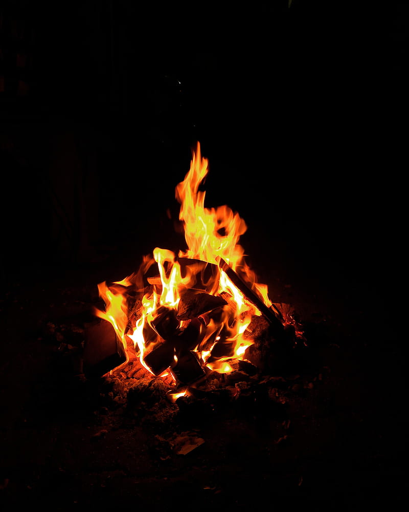 bonfire, fire, flame, black, HD phone wallpaper