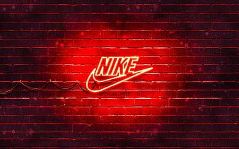 Nike red logo red brickwall, Nike logo, sports brands, Nike neon logo, Nike, HD wallpaper