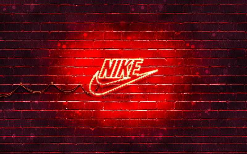 Nike red logo red brickwall, Nike logo, sports brands, Nike neon logo, Nike, HD wallpaper