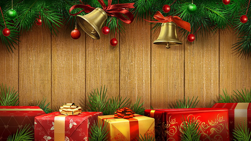 Happy Holidays!!!, red, pretty, bonito, bell, nice, gold, boxs, beauty, christmas bells, lovely, holiday, christmas, ribbon, golden, colors, happy new year, box gift, cool, merry christmas, bells, gifts, HD wallpaper