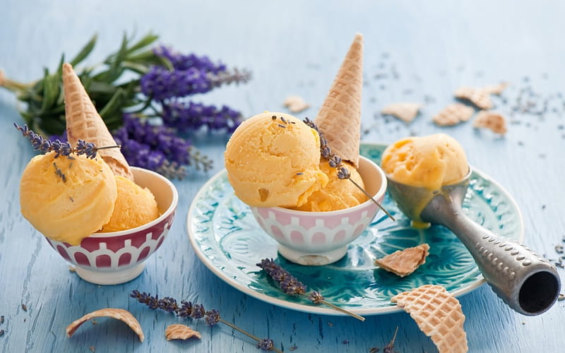 Ice Cream Cone, cone, ice cream, food, yellow, lavender, dessert, sweet, HD wallpaper