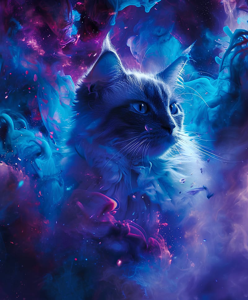 cat, animal, smoke, clouds, art, blue, HD phone wallpaper