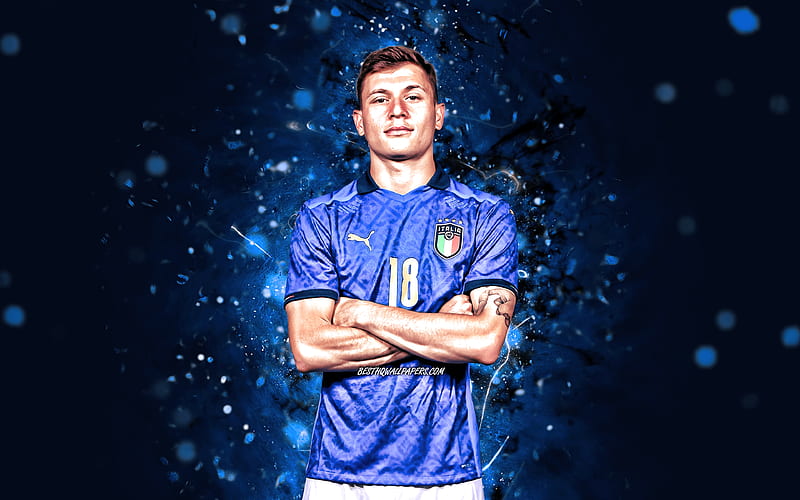 Nicolo Barella, , Italy national football team, soccer, footballers, blue neon lights, Italian football team, Nicolo Barella, HD wallpaper