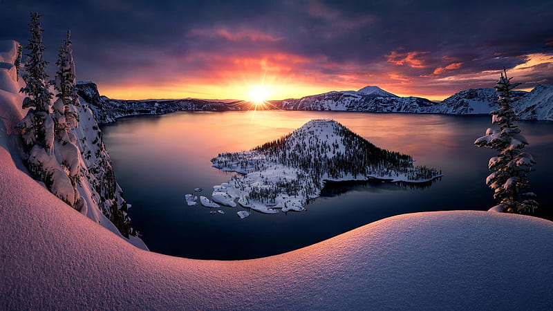 Crater Lake, Mount Mazama – Oregon, USA, sunset, park, alps, winter, lake, mountain, snow, usa, mazama, nature, landscape, HD wallpaper