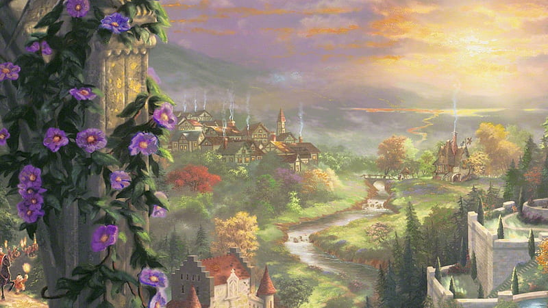 Beauty and the Beast (detail), town, detail, morning glory, flower, painting, pictura, thomas kinkade, art, view from the top, beauty andt he beast, HD wallpaper