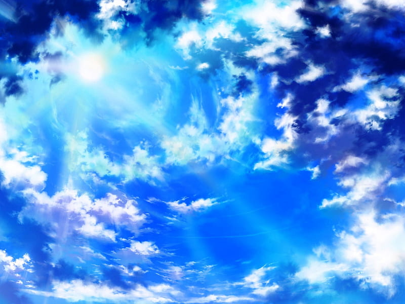 Vector landscape sky clouds. Plane in the sky. cartoon anime style.  Background design - Stock Image - Everypixel