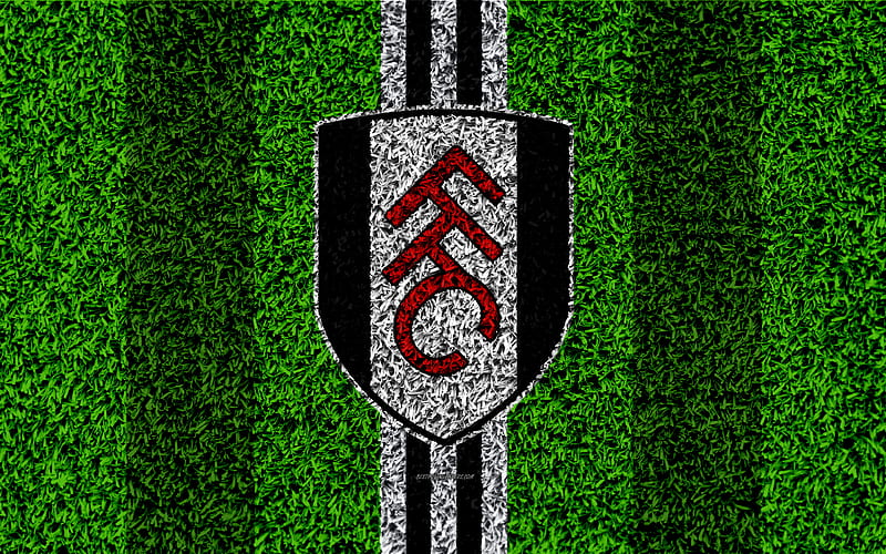 Fulham FC football lawn, logo, emblem, English football club, white black lines, Football League Championship, grass texture, Fulham, London, UK, England, football, HD wallpaper