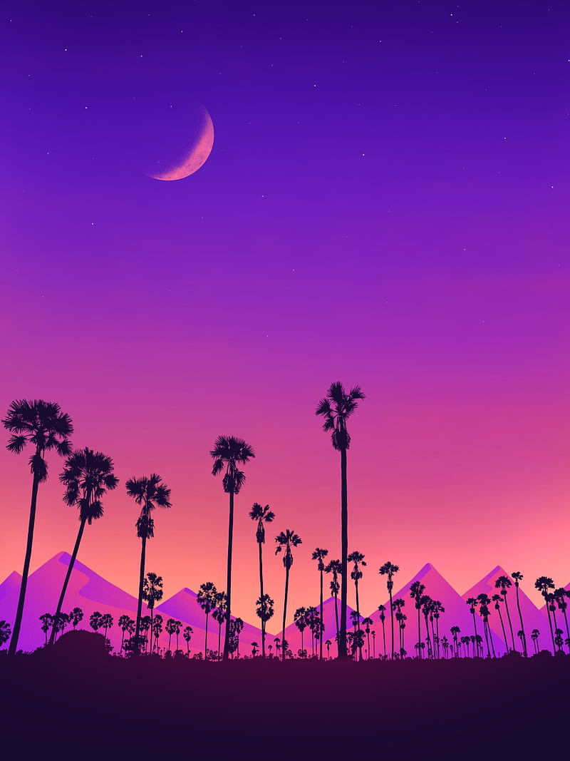 palm, mountains, moon, purple, night, art, HD phone wallpaper