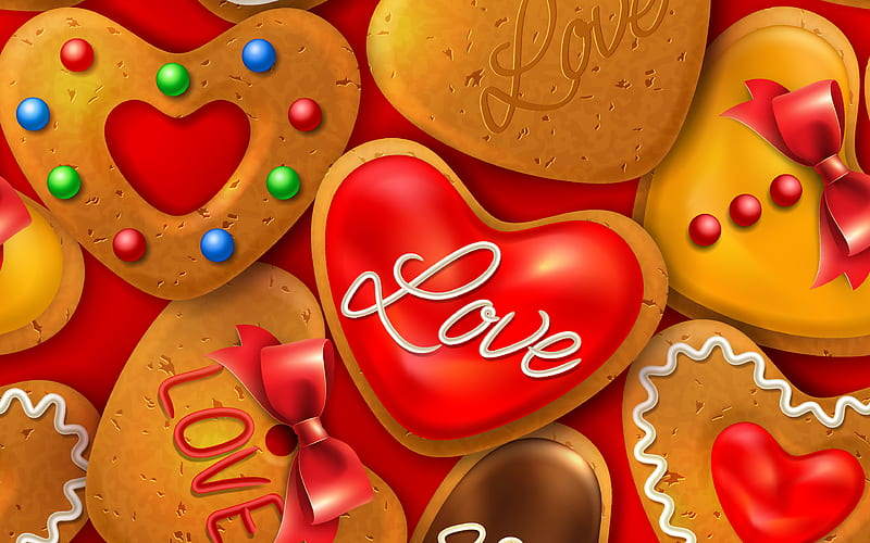 Heart cookies red background with cookies, love background, love biscuit background, HD wallpaper