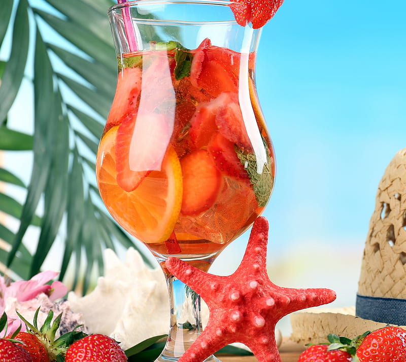 Summer drink, ice, orange, starfish, strawberries, summer, HD wallpaper