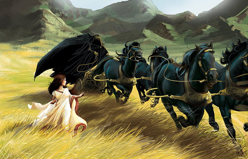 The Capturing Of Persephone, hills, capturing, chariot, persephone, daytime, black horses, girl, running, mask, black cloak rider, team, grassland, HD wallpaper