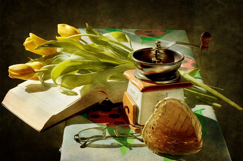 Still life, coffee grinder, graphy, book, glasses, yellow, tulips, abstract, HD wallpaper
