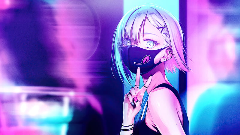 Anime Girl City Lights Neon Face Mask , anime-girl, anime, artist, artwork, digital-art, neon, mask, HD wallpaper