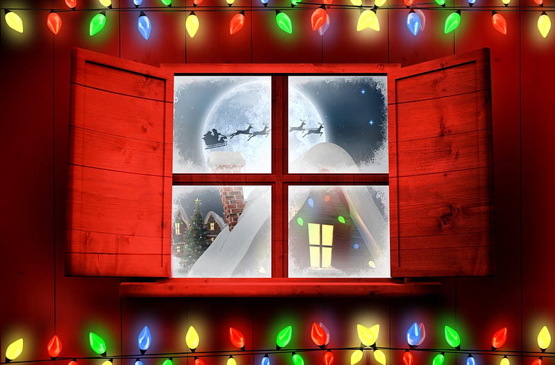 Christmas Eve, stars, house, window, sky, lights, santas, shutters, moon, snow, reindeers, vector, HD wallpaper
